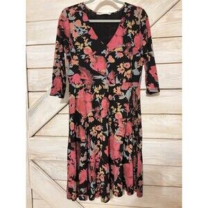 Peruvian Connection Wrap Black Floral V Neck 3/4 Sleeve Pima Dress